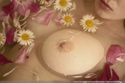 Rule 34 | 1girl, bath, bathing, breasts, flower, large breasts, lips, met-art, nipples, nude, photo (medium), solo, water