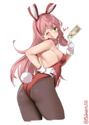 Rule 34 | 1girl, :p, akashi (kancolle), alternate costume, animal ears, ass, back, blush, bow, bowtie, breasts, brown pantyhose, covered navel, cowboy shot, detached collar, ebifurya, fake animal ears, fake tail, gloves, green eyes, hair between eyes, hair ribbon, highres, kantai collection, leotard, lifting own clothes, long hair, looking at viewer, looking back, money, pantyhose, pink hair, playboy bunny, rabbit ears, rabbit tail, red leotard, ribbon, side-tie leotard, simple background, small breasts, solo, strapless, strapless leotard, tail, tongue, tongue out, twitter username, white background, white gloves, wrist cuffs