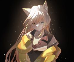 Rule 34 | 1girl, animal ear fluff, animal ears, arknights, black background, black shirt, blonde hair, blue eyes, closed mouth, commentary request, hair between eyes, hand up, heterochromia, highres, jacket, long hair, long sleeves, looking at viewer, nightmare (arknights), off shoulder, open clothes, open jacket, puffy long sleeves, puffy sleeves, qian deng bai wang, sailor collar, shirt, sleeves past wrists, solo, upper body, very long hair, white sailor collar, yellow eyes, yellow jacket