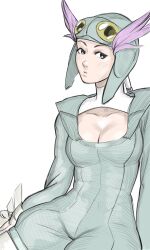 Rule 34 | 1girl, cleavage cutout, clothing cutout, collarbone, cowboy shot, creatures (company), drawfag, game freak, goggles, goggles on head, helmet, highres, looking to the side, nintendo, pink hair, pokemon, pokemon oras, ponytail, solo, white background, winona (pokemon)