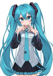 Rule 34 | 1girl, aqua eyes, aqua hair, bare shoulders, black skirt, breasts, closed mouth, collared shirt, cowboy shot, detached sleeves, grey shirt, hands up, hatsune miku, heart, heart hands, highres, kuronosu (yamada1230), long hair, looking at viewer, necktie, pleated skirt, shirt, simple background, skirt, sleeveless, sleeveless shirt, small breasts, smile, solo, straight-on, twintails, vocaloid, white background