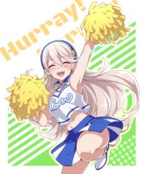 Rule 34 | 1girl, ^ ^, alternate costume, arm up, armpits, artist name, blush, breasts, character name, cheering, cheerleader, closed eyes, clothes writing, corrin (female) (fire emblem), corrin (fire emblem), english text, fire emblem, fire emblem fates, fire emblem heroes, hairband, happy, hiyori (rindou66), leg up, midriff, navel, nintendo, open mouth, pointy ears, pom pom (cheerleading), skirt, smile, solo, text focus, white hair