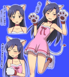Rule 34 | 1girl, animal ears, animal hands, blush, brown eyes, cat ears, cat paws, cat tail, dress, embarrassed, gloves, hashi, idolmaster, idolmaster (classic), kisaragi chihaya, long hair, paw gloves, solo, tail, translated