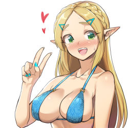 Rule 34 | 1girl, :d, bare shoulders, bikini, blonde hair, blue bikini, blue nails, blush, breasts, cleavage, collarbone, embarrassed, fingernails, forehead, green eyes, hair ornament, hairclip, heart, large breasts, long fingernails, long hair, looking at viewer, medium breasts, monbetsu kuniharu, nail polish, nervous smile, nintendo, nose blush, open mouth, pointy ears, princess zelda, smile, solo, sweatdrop, swimsuit, teeth, the legend of zelda, the legend of zelda: breath of the wild, thick eyebrows, upper body, upper teeth only, v
