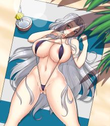 Rule 34 | 1girl, areola slip, bikini, blush, breasts, curvy, devil-v, female focus, gensou suikoden, highres, huge breasts, jeane (suikoden), nipples, silver hair, slingshot swimsuit, solo, swimsuit, thick thighs, thighs, wide hips