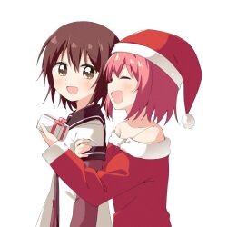 Rule 34 | 2girls, :d, ^ ^, akaza akari, blush, brown eyes, brown hair, christmas, closed eyes, collarbone, commission, dot nose, funami yui, gift, giving, haru (konomi 150), hat, holding, holding another&#039;s arm, holding gift, long sleeves, looking back, multiple girls, off-shoulder sweater, off shoulder, open mouth, pink hair, pixiv commission, red headwear, red sleeves, red sweater, santa costume, santa hat, shirt, short hair, simple background, smile, standing, sweater, upper body, white background, white shirt, yuri, yuru yuri