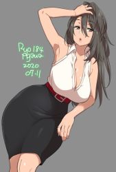 Rule 34 | 1girl, :o, agawa ryou, armpits, artist name, bare arms, bare shoulders, belt, black hair, black skirt, breasts, cleavage, commentary, english commentary, grey background, hair between eyes, hand on own head, large breasts, long hair, office lady, original, pencil skirt, red belt, shirt, skirt, sleeveless, sleeveless shirt, solo, white shirt