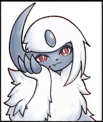 Rule 34 | absol, bright pupils, claws, closed mouth, creatures (company), fang, forehead jewel, game freak, gen 3 pokemon, horns, long hair, looking at viewer, nintendo, no humans, pokemon, pokemon (creature), red eyes, single horn, smile, solo, soruva 359, white hair, white pupils