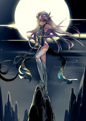 Rule 34 | 10s, 1girl, alternate costume, backlighting, blue eyes, boots, china dress, chinese clothes, cure moonlight, dress, elbow gloves, fate/stay night, fate (series), fingerless gloves, flower, full moon, gloves, hair flower, hair ornament, heartcatch precure!, highres, ishida akira, legs, long hair, long legs, magical girl, md5 mismatch, moon, precure, purple hair, sky, solo, staff, star (sky), starry sky, thighhighs, thighs, tsukikage yuri, type-moon, white thighhighs