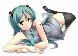 Rule 34 | 1girl, bad id, bad pixiv id, feet, green eyes, green hair, hatsune miku, kotohane, long hair, lying, matching hair/eyes, necktie, no pants, no shoes, on side, panties, solo, striped clothes, striped panties, thighhighs, twintails, underwear, very long hair, vocaloid