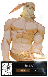Rule 34 | !, 1boy, ?, abs, adam&#039;s apple, bara, cropped legs, dagger, dark souls (series), dialogue options, facing viewer, helmet, highres, incoming gift, knife, knight, male focus, muscular, muscular male, navel, nipples, parody request, pectorals, poyosoftware, solaire of astora, solo, spoken question mark, stomach, sweat, weapon