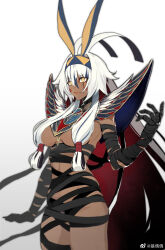 Rule 34 | 1girl, animal ears, antenna hair, bandages, black bandages, breasts, dark-skinned female, dark skin, fate/grand order, fate (series), hair censor, highres, jackal ears, juer1004, large breasts, long hair, nitocris alter (fate), revealing clothes, simple background, solo, upper body, usekh collar, white background, white hair, yellow eyes