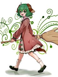 Rule 34 | 1girl, :d, ameyu (rapon), animal ears, broom, dog ears, dog tail, dress, full body, green eyes, green hair, highres, holding, holding broom, kasodani kyouko, mary janes, open mouth, redrawn, shoes, skirt, smile, solo, tail, touhou, walking