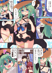 Rule 34 | ^^^, 1boy, 2girls, admiral (kancolle), ahoge, blue eyes, blush, brown hair, comic, commentary request, empty eyes, faceless, faceless male, fang, flying sweatdrops, green hair, hair ornament, hair ribbon, hairclip, hat, highres, kantai collection, kawakaze (kancolle), long hair, military, military uniform, multiple girls, naval uniform, red hair, ribbon, shaded face, short hair, suzuki toto, swimsuit, translation request, twintails, uniform, yamakaze (kancolle)