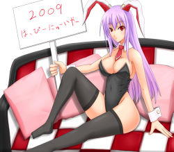 Rule 34 | 00s, 1girl, 2009, akitsuki karasu, animal ears, couch, female focus, holding, holding sign, leotard, long hair, new year, placard, playboy bunny, purple hair, rabbit ears, red hair, reisen udongein inaba, sign, sign holding, solo, thighhighs, touhou