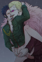 Rule 34 | 2boys, ass, black hair, blonde hair, blush, bottomless, cheese neko3, chest tattoo, clothed sex, cum, cum in ass, donquixote doflamingo, erection, facial hair, feather coat, french kiss, goatee, hand tattoo, highres, jacket, kiss, long sleeves, multiple boys, one piece, outdoors, penis, pussy, rain, sex, sex from behind, shirt, short hair, sunglasses, tattoo, tongue, tongue out, trafalgar law, vaginal, yaoi, yellow eyes