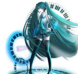 Rule 34 | 1girl, bare shoulders, detached sleeves, green eyes, green hair, hatsune miku, instrument, keyboard, keyboard (instrument), long hair, matching hair/eyes, piano keys, skirt, solo, sumito, thighhighs, twintails, very long hair, vocaloid