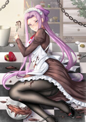 Rule 34 | 1girl, absurdres, apron, artist name, black footwear, black pantyhose, bow, box, brown dress, chain, chocolate, closed mouth, commentary, dress, english commentary, fate/hollow ataraxia, fate/stay night, fate (series), forehead, frilled dress, frills, glasses, hair bow, heart-shaped box, high heels, highres, holding, holy grail (fate), indoors, juliet sleeves, lips, long hair, long sleeves, looking at viewer, maid, maid apron, maid headdress, medusa (fate), medusa (rider) (fate), official alternate costume, pantyhose, pink bow, pink eyes, pink hair, pink lips, ponytail, puffy sleeves, ryuuneart, solo, square pupils, straight hair, valentine, very long hair, white apron