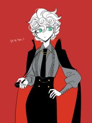 Rule 34 | 1girl, braid, cape, collar chain (jewelry), collared cape, curly hair, formal, genderswap, genderswap (mtf), giorno giovanna, green eyes, hand on own hip, holding, holding smoking pipe, jojo no kimyou na bouken, long skirt, necktie, red background, sempon (doppio note), short hair, skirt, smoking pipe, solo, spot color, vento aureo
