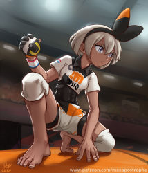 Rule 34 | 1girl, barefoot, bea (pokemon), black bodysuit, black hairband, bodysuit, bodysuit under clothes, breasts, closed mouth, collared shirt, commentary, covered abs, creatures (company), dark-skinned female, dark skin, dated, dynamax band, eyelashes, feet, full body, game freak, gloves, grey eyes, grey hair, gym leader, hair between eyes, hairband, hand on ground, hand up, holding, holding poke ball, knee pads, light, light frown, maxa&#039;, medium breasts, nintendo, patreon username, poke ball, pokemon, pokemon swsh, print shirt, print shorts, shirt, short hair, short sleeves, shorts, single glove, solo, spread legs, squatting, stadium, tied shirt, toes, ultra ball, watermark, web address