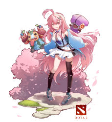 Rule 34 | 1girl, :d, asymmetrical legwear, bare shoulders, black legwear, black necktie, blue jacket, breasts, cherry blossoms, cleavage, dota (series), dota 2, dress, full body, hair ornament, hairpin, highres, jacket, jokanhiyou, long hair, long sleeves, looking at viewer, mismatched legwear, necktie, open mouth, original, petals, pink eyes, pink hair, shoes, simple background, sleeveless, sleeveless dress, smile, sneakers, solo, standing, tongue, tongue out, white background, white dress