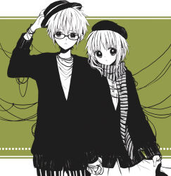 Rule 34 | 1boy, 1girl, :o, adjusting clothes, adjusting headwear, anzu (o6v6o), beret, cardigan, dual persona, fedora, genderswap, genderswap (ftm), glasses, green background, gumi, gumiya, hat, hetero, high contrast, holding hands, long sleeves, looking at viewer, multiple monochrome, pants, scarf, selfcest, short hair with long locks, skirt, skirt hold, striped clothes, striped pants, striped scarf, tangle, thread, vertical-striped clothes, vertical-striped pants, vocaloid
