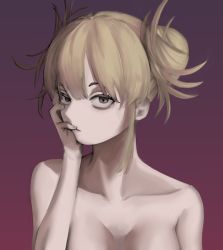 Rule 34 | 1girl, arm at side, armpits, artist request, blonde hair, boku no hero academia, breasts, clenched hand, collarbone, completely nude, double bun, expressionless, eyelashes, facing viewer, female focus, finger to mouth, fingernails, hair bun, hand on own face, hand up, highres, long hair, looking at viewer, matching hair/eyes, medium breasts, messy hair, neck, nude, out-of-frame censoring, sidelocks, simple background, solo, standing, toga himiko, topless, topless frame, unworn clothes, upper body, yellow eyes