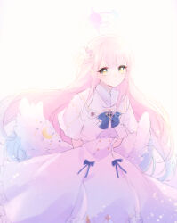 Rule 34 | 1girl, arms behind back, blue archive, blush, capelet, dress, feathered wings, hair bun, halo, highres, long hair, looking at viewer, mika (blue archive), pink hair, ranan, simple background, single side bun, solo, very long hair, white background, white capelet, white dress, white wings, wings