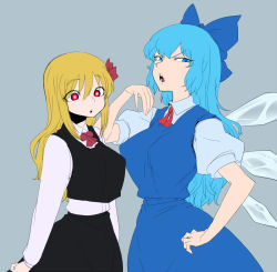 Rule 34 | 2girls, alternate breast size, blonde hair, blue eyes, blue hair, bow, breasts, cirno, dress, hair bow, ice, ice wings, large breasts, long hair, multiple girls, aged up, red eyes, rumia, spacezin, taut clothes, touhou, wings