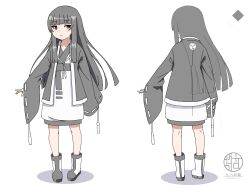 Rule 34 | 1girl, boots, closed mouth, collarbone, grey eyes, grey hair, highres, japanese clothes, kimono, kuro kosyou, long hair, long sleeves, looking at viewer, mitsudomoe (shape), multiple views, original, ribbon-trimmed sleeves, ribbon trim, shadow, simple background, sleeves past wrists, standing, tomoe (symbol), turnaround, very long hair, white background, white footwear, white kimono, wide sleeves, x-ray