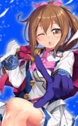 Rule 34 | 1girl, ascot, asymmetrical gloves, black gloves, blue jacket, blue skirt, blush, bow, breasts, brown eyes, brown hair, buttons, cape, commentary request, cosplay, double-breasted, fumizuki (kancolle), gloves, hair between eyes, hair bow, hair ornament, hand up, high ponytail, highres, index finger raised, jacket, kantai collection, long hair, long sleeves, looking at viewer, miniskirt, mismatched gloves, multicolored clothes, multicolored jacket, one eye closed, open mouth, pink ascot, pink bow, pleated skirt, ponytail, red cape, sidelocks, skirt, small breasts, solo, tokai teio (umamusume), tokai teio (umamusume) (cosplay), triangle mouth, two-tone jacket, two-tone skirt, umamusume, white gloves, white jacket, white skirt, yasume yukito