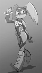 Rule 34 | 1girl, android, breasts, brokenlynx, cleavage, cosplay, gradient background, heart, jenny wakeman, mask, monochrome, my life as a teenage robot, rainbow mika, robot, solo, street fighter