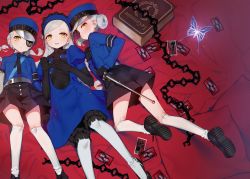 Rule 34 | 3girls, bed sheet, black gloves, blue hairband, blush, book, braid, bug, butterfly, butterfly hair ornament, card, caroline (persona 5), chain, dress, elbow gloves, eyepatch, feet out of frame, full body, gloves, hair bun, hair ornament, hairband, hat, insect, justine (persona 5), kneehighs, lavenza (persona 5), long hair, looking at viewer, lying, miyamae (miyazen9311), multiple girls, necktie, on back, parted lips, persona, persona 5, pillow, shorts, siblings, silver hair, single hair bun, smile, socks, spoilers, swept bangs, tarot, twins, white legwear, yellow eyes