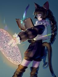 Rule 34 | 1girl, 2021, absurdres, animal ears, artist name, black hair, book, braid, cat ears, cat girl, cat tail, dated, glasses, gradient background, highres, long hair, long sleeves, magic circle, open book, original, pince-nez, quill, shorts, single braid, solo, striped clothes, striped shorts, striped sleeves, tail, very long hair, vest, white vest, yuccoshi