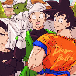 Rule 34 | 4boys, :d, back turned, black eyes, black hair, black shirt, cape, colored skin, copyright name, crossed arms, dougi, dragon ball, dragonball z, father and son, gloves, green skin, hand on own hip, happy, looking at viewer, looking away, looking back, male focus, miiko (drops7), multiple boys, open mouth, piccolo, pointy ears, serious, shirt, smile, son gohan, son goku, turban, twitter username, v, vegeta, wristband