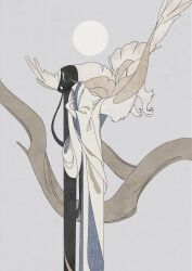 Rule 34 | 1girl, absurdly long hair, absurdres, bird girl, bird tail, bird wings, black hair, branch, brown hair, brown tail, brown wings, claws, facing away, feathered wings, flying, full body, grey background, hand on own chest, hand up, highres, japanese clothes, kimono, long hair, long sleeves, monster girl, moon, multicolored hair, muted color, original, simple background, solo, streaked hair, surie, tail, taur, very long hair, very long sleeves, wide sleeves, wings