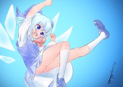 Rule 34 | 1girl, arm up, artist name, ass, blue background, blue dress, blue footwear, blue hair, blue ribbon, blue theme, blush, bow, bowtie, breasts, cirno, clenched hands, collared shirt, dress, female focus, full body, gradient background, hair ribbon, hand up, happy, highres, jumping, katsura dendou, kneehighs, leg up, no panties, open mouth, pinafore dress, puffy short sleeves, puffy sleeves, red bow, red bowtie, ribbon, shiny skin, shirt, shoes, short hair, short sleeves, signature, simple background, sleeveless, sleeveless dress, small breasts, smile, socks, solo, teeth, touhou, upskirt, white shirt, white socks, wings