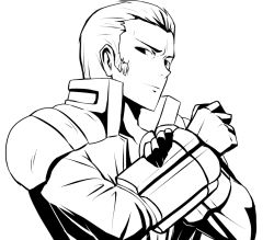 Rule 34 | arm grab, cyborg, greyscale, jacket, looking at viewer, maxima, monochrome, okyou, short hair, sideburns, simple background, solo, the king of fighters, white background