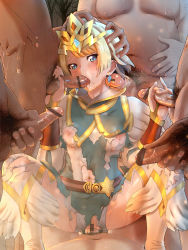 Rule 34 | 1girl, absurdres, aqua eyes, bar censor, belt, blonde hair, boots, breasts, censored, cowgirl position, crying, crying with eyes open, dress, earrings, faceless, faceless male, fat, fat man, fellatio, fingerless gloves, fire emblem, fire emblem heroes, fjorm (fire emblem), girl on top, gloves, group sex, hand guard, handjob, head grab, highres, jewelry, looking at viewer, male pubic hair, navel, nintendo, nipples, oral, penis, pubic hair, pussy, sex, short hair, small breasts, solo focus, squatting, straddling, sweat, tears, thigh boots, thighhighs, tiara, torn clothes, user xyna8854, vaginal, white thighhighs