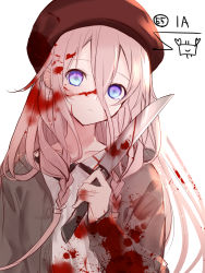 Rule 34 | 1girl, beret, blood, blood on clothes, blood on face, bloody knife, blue eyes, brown jacket, character name, collarbone, collared shirt, eyebrows hidden by hair, hair between eyes, hand up, hat, head tilt, highres, holding, holding knife, ia (vocaloid), jacket, knife, long hair, long sleeves, looking at viewer, open clothes, open jacket, parted lips, pink hair, red hat, shirt, sleeves past wrists, solo, upper body, vocaloid, white shirt, yuuki kira