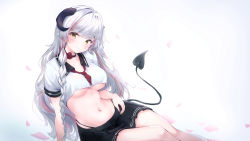 Rule 34 | 1girl, absurdres, arm support, black choker, black skirt, braid, breasts, choker, ciawasemono, copyright request, cropped shirt, curled horns, demon girl, demon tail, double horizontal stripe, fang, fang out, hand on own hip, highres, horns, long hair, loose neckerchief, navel, neck flower, shirt, short sleeves, side braid, skirt, tail, underboob, very long hair, wavy hair, white hair, white shirt, yellow eyes