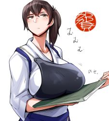 Rule 34 | 10s, 1girl, artist name, breast rest, breasts, brown hair, carried breast rest, carrying, character name, collarbone, folder, gigantic breasts, huge breasts, japanese clothes, kaga (kancolle), kantai collection, kimono, mumumu (three emu), muneate, side ponytail, simple background, solo, white background, yellow eyes