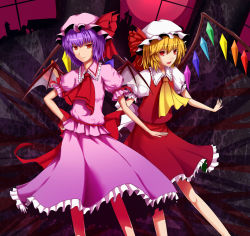 Rule 34 | 2girls, blonde hair, bow, cala (artist), fang, female focus, flandre scarlet, frills, hand on own hip, hat, multiple girls, outstretched arm, purple hair, red eyes, remilia scarlet, short hair, siblings, sisters, skirt, touhou, transparent, wings