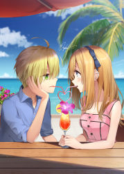 Rule 34 | 1boy, 1girl, ahoge, bad id, bad pixiv id, beach, blonde hair, blue eyes, blue shirt, blue sky, blurry, blurry background, blush, brown hair, cloud, collared shirt, commentary request, couple, creatures (company), cup, day, drink, drinking, drinking glass, drinking straw, earrings, eye contact, eyes visible through hair, flower, game freak, gladion (pokemon), green eyes, hairband, hand on own cheek, hand on own face, hetero, highres, horizon, jewelry, long hair, looking at another, nintendo, ocean, open collar, outdoors, palm tree, pink flower, pink shirt, pink tank top, pokemon, pokemon sm, profile, rupinesu, selene (pokemon), shirt, short hair, signature, sky, sleeveless, table, tank top, tree, wing collar