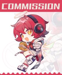 Rule 34 | 1girl, arknights, asymmetrical gloves, black shirt, burger, chibi, commentary request, commission, exusiai (arknights), exusiai (city rider) (arknights), food, gloves, halo, headphones, highres, holding, holding burger, holding food, jacket, looking at viewer, mismatched gloves, neckerchief, nitrogen owo, open mouth, red hair, red neckerchief, shirt, shoes, short hair, shorts, smile, sneakers, solo, striped neckerchief, watermark, white footwear, white gloves, white jacket, white shorts, wings, yellow gloves, zoom layer