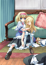 Rule 34 | 2girls, alice margatroid, blonde hair, blue eyes, couch, curtains, doll, female focus, floral print, frilled pillow, frills, hairband, hat, unworn hat, unworn headwear, hug, kirisame marisa, mary janes, multiple girls, no headwear, no headwear, pillow, ribbon, rug, shanghai doll, shoes, sunlight, takatsukasa yue, touhou, unconscious, witch, witch hat, yandere, yuri, | |