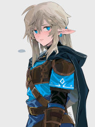 Rule 34 | ..., 1boy, androgynous, armor, belt, blue eyes, brown gloves, cape, closed mouth, earrings, gloves, grey background, grey hair, highres, jewelry, kaninn, link, long hair, male focus, nintendo, pointy ears, ponytail, sidelocks, simple background, solo, spoken ellipsis, the legend of zelda, the legend of zelda: breath of the wild, tunic, twitter username
