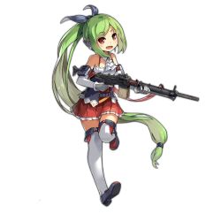 Rule 34 | :d, aat-52 (girls&#039; frontline), detached sleeves, full body, girls&#039; frontline, gloves, green hair, gun, hair ribbon, lino-lin, long hair, looking at viewer, machine gun, open mouth, ponytail, red eyes, ribbon, smile, solo, thighhighs, transparent background, very long hair, weapon