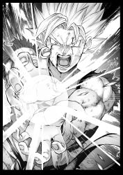 Rule 34 | 1boy, absurdres, aura, black background, blood, blood on face, dated, dragon ball, greyscale, highres, hiraoka koushi, looking at viewer, male focus, monochrome, open mouth, saiyan, signature, solo, son goku, spiked hair, super saiyan