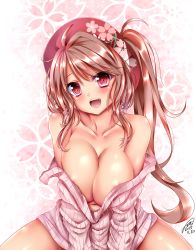 Rule 34 | 10s, 1girl, 2015, :d, ahoge, areola slip, bare shoulders, between legs, blush, breasts, brown eyes, brown hair, cleavage, collarbone, dated, earrings, eyelashes, female focus, floral background, floral print, flower earrings, hand between legs, head scarf, head tilt, highres, jewelry, jotti, large breasts, long hair, looking at viewer, naked sweater, navel, no bra, off shoulder, open mouth, phantasy star, phantasy star online 2, pink eyes, reimusan (jotti), ribbed sweater, side ponytail, signature, smile, solo, sweater, tongue